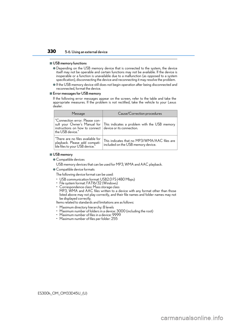 Lexus ES300h 2018 Owners Manual (OM33D45U) 3305-6. Using an external device
ES300h_OM_OM33D45U_(U)
■USB memory functions
●Depending on the USB memory device that is connected to the system, the device
itself may not be operable and certai Lexus ES300h 2018 Owners Manual (OM33D45U) 3305-6. Using an external device
ES300h_OM_OM33D45U_(U)
■USB memory functions
●Depending on the USB memory device that is connected to the system, the device
itself may not be operable and certai