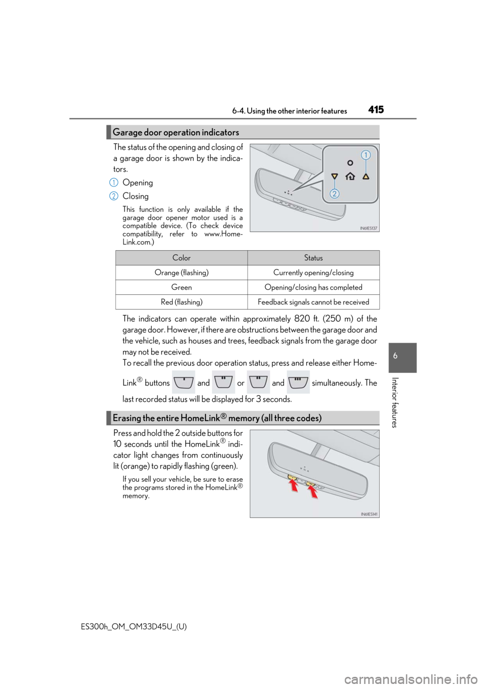 Lexus ES300h 2018  Owners Manual (OM33D45U) ES300h_OM_OM33D45U_(U)
4156-4. Using the other interior features
6
Interior features
The status of the opening and closing of
a garage door is shown by the indica-
tors.Opening
Closing
This function i