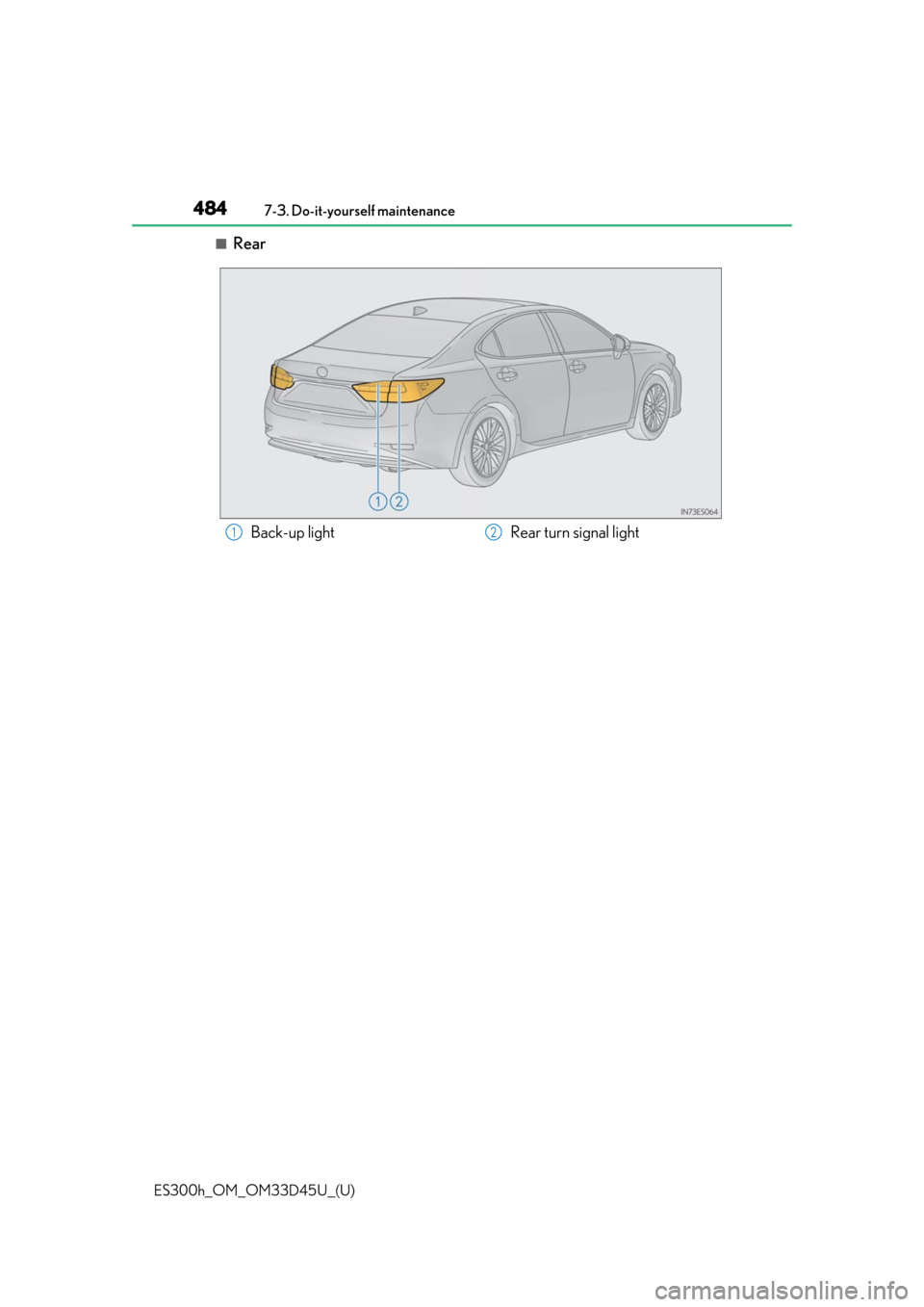 Lexus ES300h 2018  Owners Manual (OM33D45U) 484
ES300h_OM_OM33D45U_(U)7-3. Do-it-yourself maintenance
■Rear
Back-up light
Rear turn signal light12 