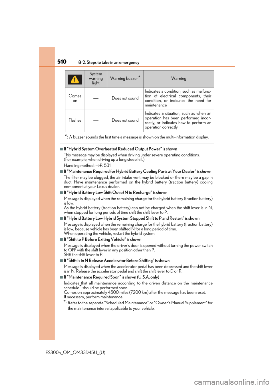 Lexus ES300h 2018  Owners Manual (OM33D45U) 5108-2. Steps to take in an emergency
ES300h_OM_OM33D45U_(U)
*: A buzzer sounds the first time a message is shown on the multi-information display.
■If “Hybrid System Overheated Reduced Output Pow
