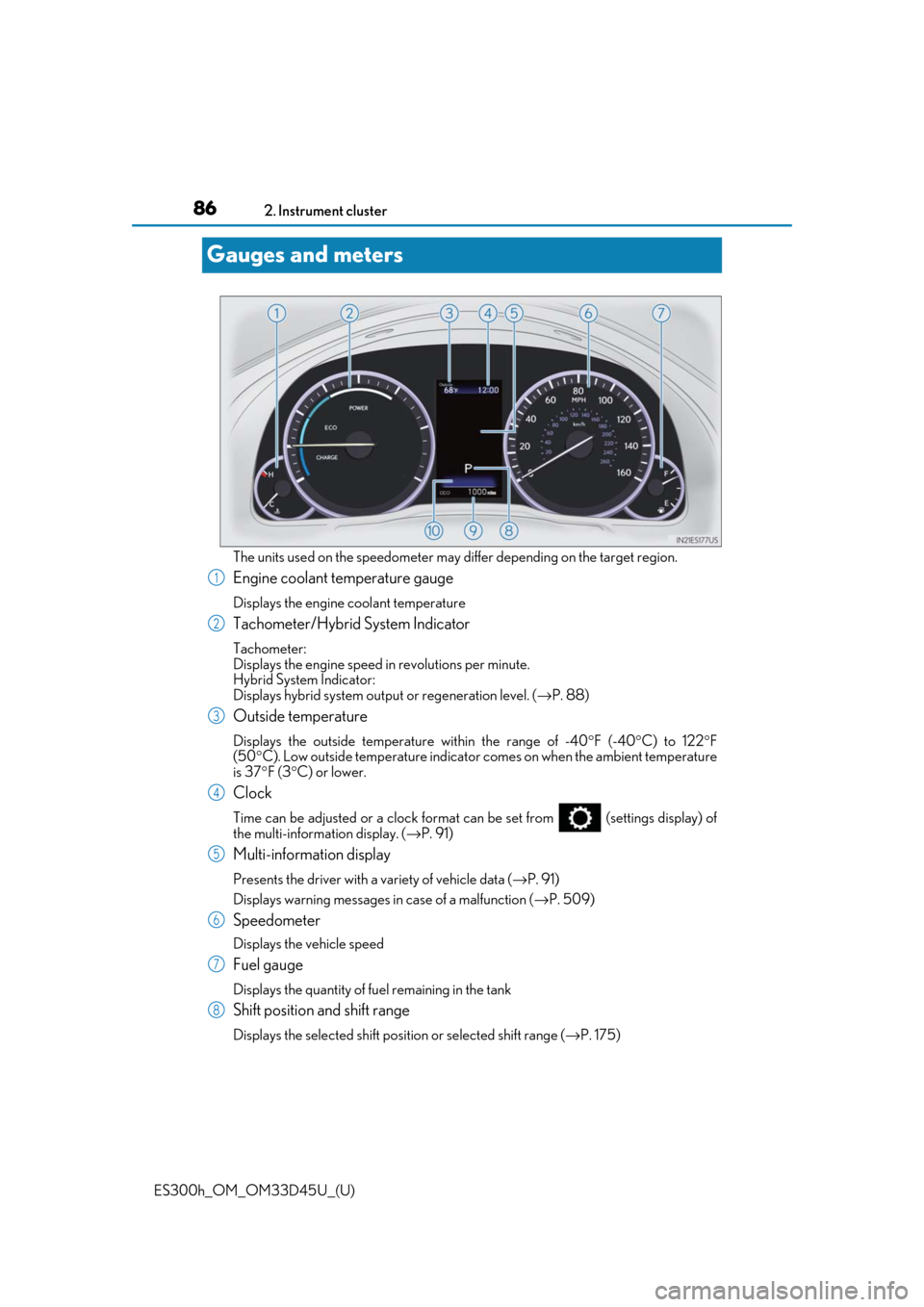 Lexus ES300h 2018  Owners Manual (OM33D45U) 86
ES300h_OM_OM33D45U_(U)2. Instrument cluster
Gauges and meters
The units used on the speedometer may differ depending on the target region.
Engine coolant temperature gauge 
Displays the engine cool