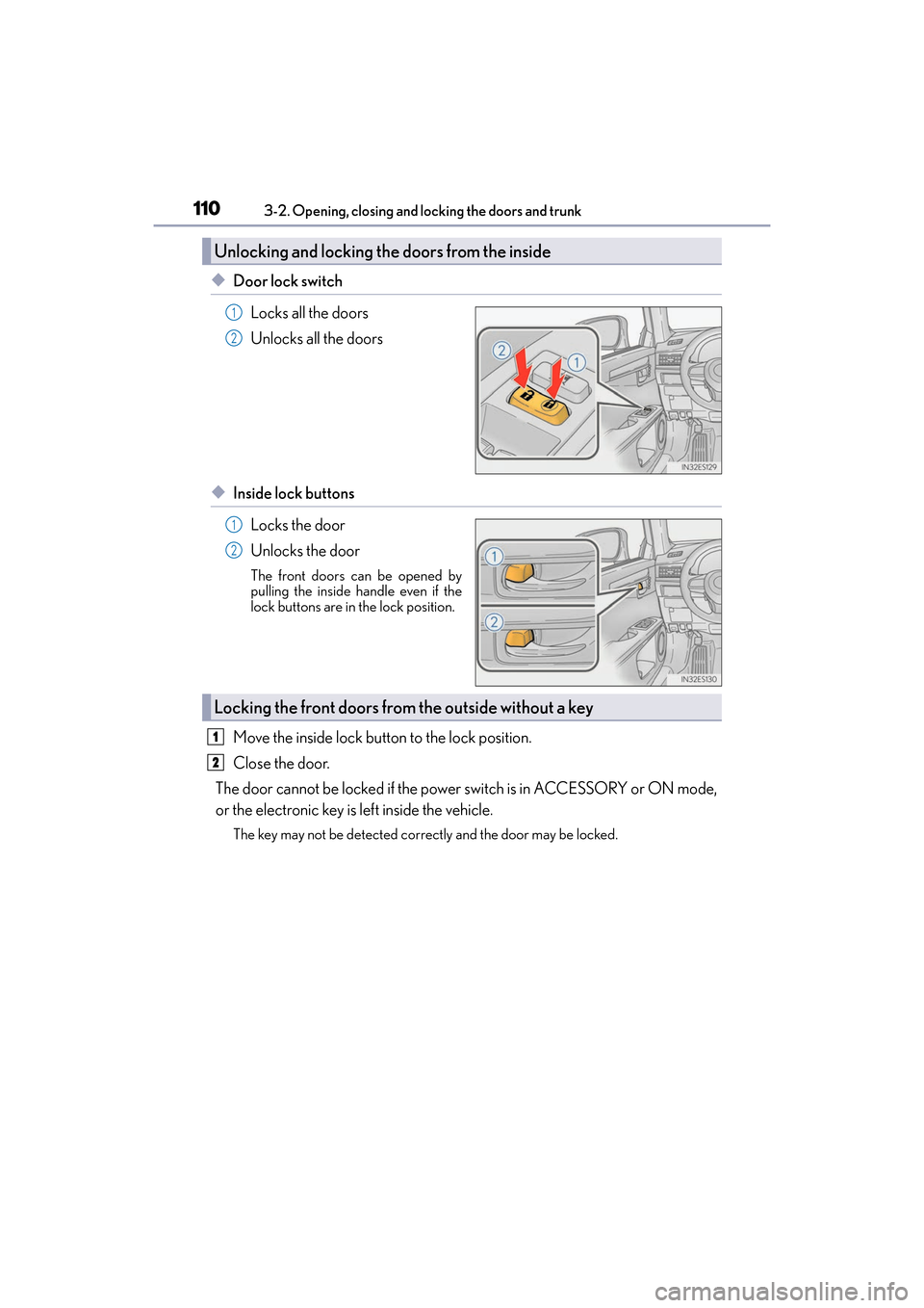Lexus ES300h 2017  Owners Manual 110
ES300h_OM_OM33C75U_(U)3-2. Opening, closing and locking the doors and trunk
◆Door lock switch
Locks all the doors
Unlocks all the doors
◆Inside lock buttonsLocks the door
Unlocks the door
The 