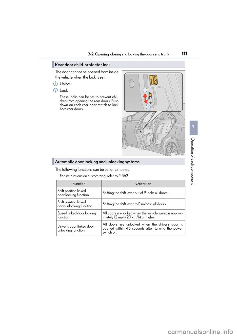 Lexus ES300h 2017  Owners Manual ES300h_OM_OM33C75U_(U)
1113-2. Opening, closing and locking the doors and trunk
3
Operation of each component
The door cannot be opened from inside
the vehicle when the lock is set.Unlock
Lock
These l