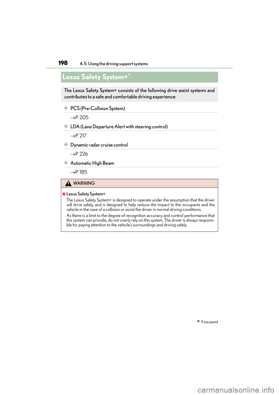 Lexus ES300h 2017  Owners Manual 198
ES300h_OM_OM33C75U_(U)4-5. Using the driving support systems
Lexus Safety System+∗
◆PCS (Pre-Collision System)
→
P.  2 0 5
◆LDA (Lane Departure Alert with steering control)
→P.  2 1 7
