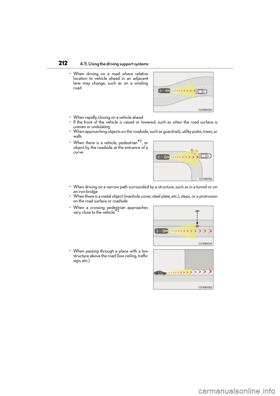 Lexus ES300h 2017  Owners Manual 212
ES300h_OM_OM33C75U_(U)4-5. Using the driving support systems
• When rapidly closing on a vehicle ahead
• If the front of the vehicle is raised or lowered, such as when the road surface is unev