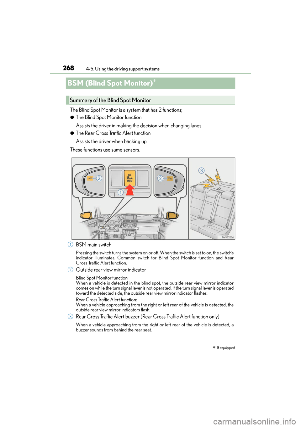 Lexus ES300h 2017  Owners Manual 268
ES300h_OM_OM33C75U_(U)4-5. Using the driving support systems
BSM (Blind Spot Monitor)∗
The Blind Spot Monitor is a system that has 2 functions;
●The Blind Spot Monitor function
Assists the dri