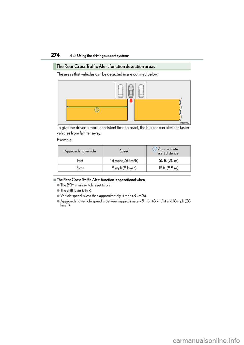 Lexus ES300h 2017 Owners Manual 274
ES300h_OM_OM33C75U_(U)4-5. Using the driving support systems
The areas that vehicles can be detected in are outlined below.
To give the driver a more consistent time to react, the buzzer can alert Lexus ES300h 2017 Owners Manual 274
ES300h_OM_OM33C75U_(U)4-5. Using the driving support systems
The areas that vehicles can be detected in are outlined below.
To give the driver a more consistent time to react, the buzzer can alert