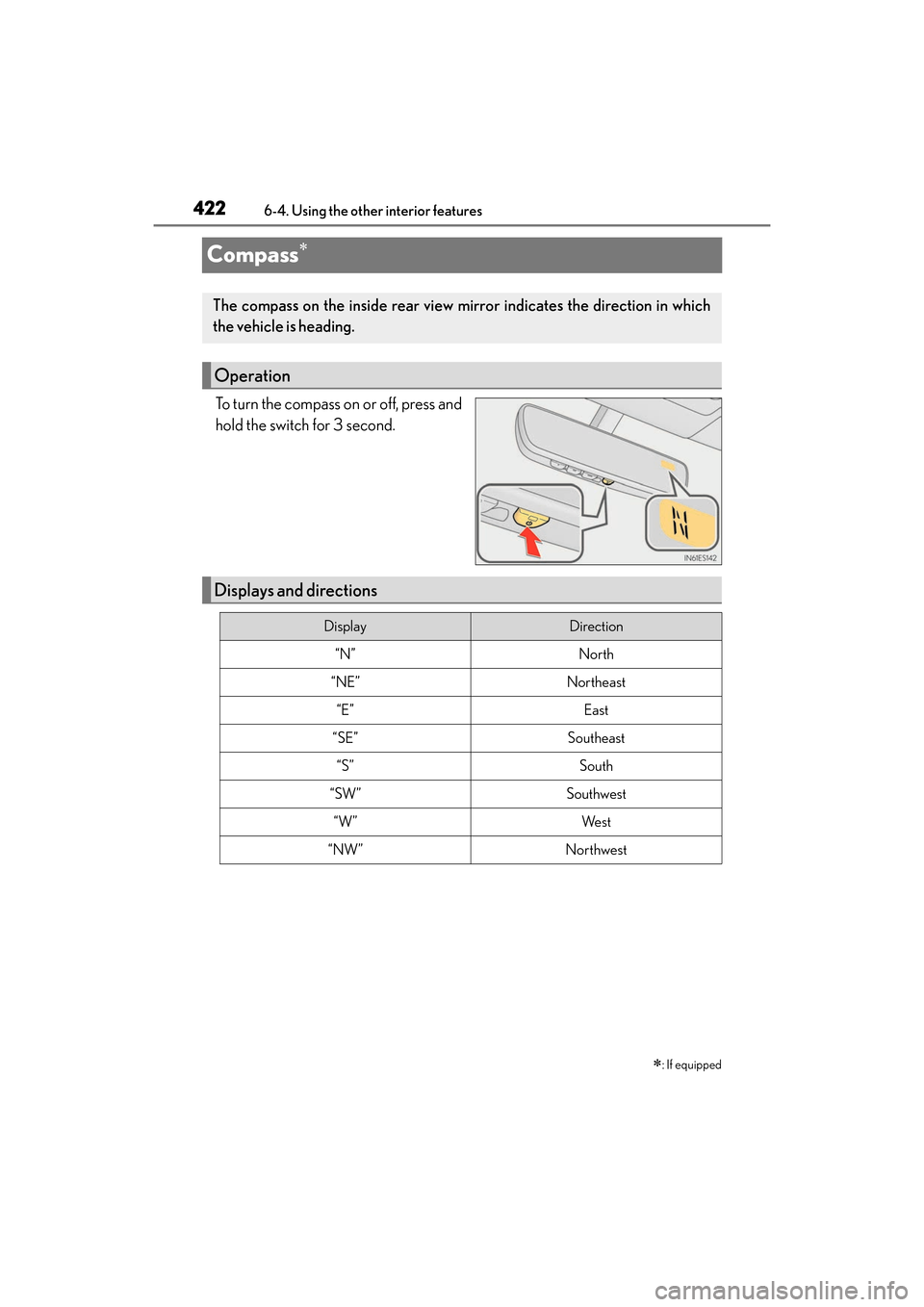 Lexus ES300h 2017 Owners Manual 422
ES300h_OM_OM33C75U_(U)6-4. Using the other interior features
Compass∗
To turn the compass on or off, press and
hold the switch for 3 second.
∗: If equipped
The compass on the inside rear view Lexus ES300h 2017 Owners Manual 422
ES300h_OM_OM33C75U_(U)6-4. Using the other interior features
Compass∗
To turn the compass on or off, press and
hold the switch for 3 second.
∗: If equipped
The compass on the inside rear view