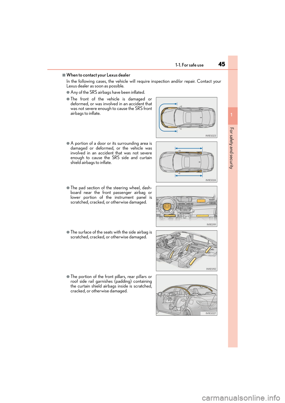 Lexus ES300h 2017 Service Manual 451-1. For safe use
ES300h_OM_OM33C75U_(U)
1
For safety and security
■When to contact your Lexus dealer
In the following cases, the vehicle will requ ire inspection and/or repair. Contact your
Lexus Lexus ES300h 2017 Service Manual 451-1. For safe use
ES300h_OM_OM33C75U_(U)
1
For safety and security
■When to contact your Lexus dealer
In the following cases, the vehicle will requ ire inspection and/or repair. Contact your
Lexus