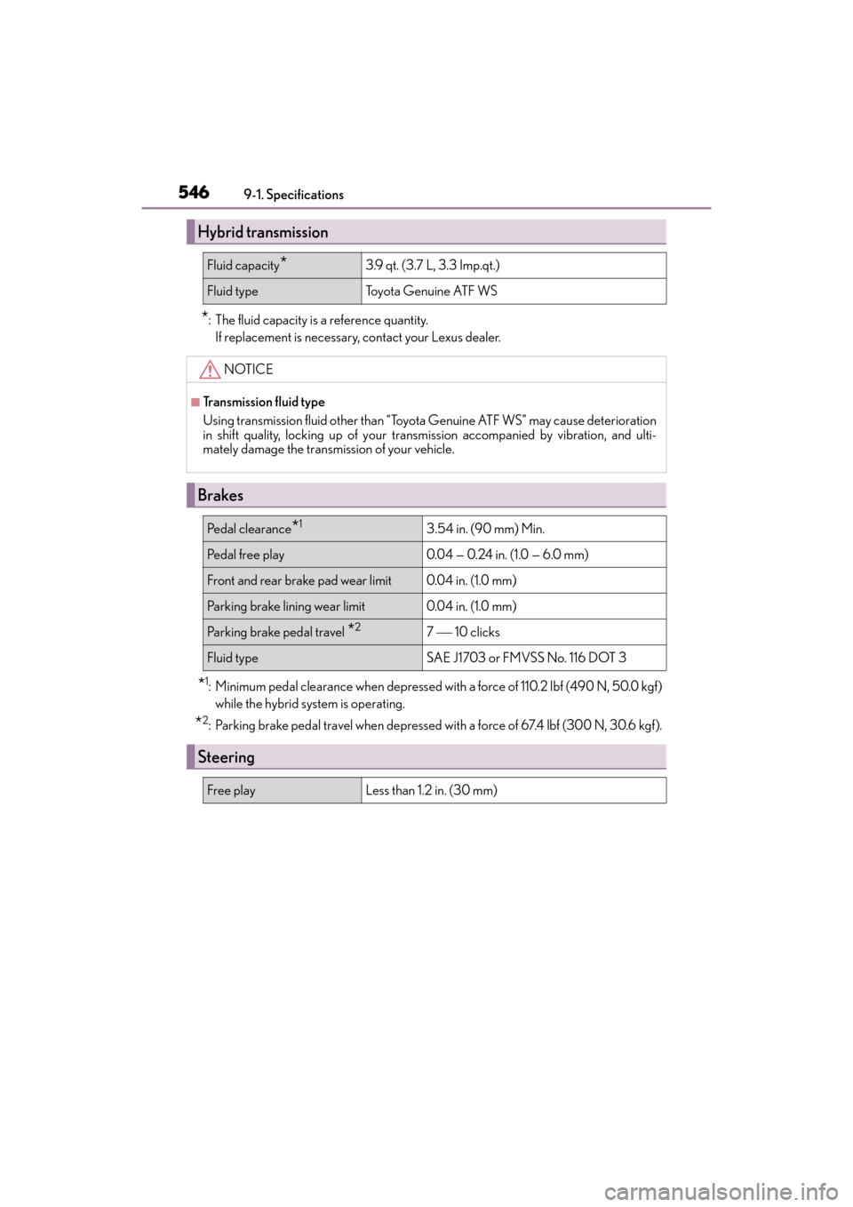 Lexus ES300h 2017 Owners Manual 546
ES300h_OM_OM33C75U_(U)9-1. Spec
ifications
*: The fluid capacity is a reference quantity.
If replacement is necessary, contact your Lexus dealer.
*1: Minimum pedal clearance when depressed with a Lexus ES300h 2017 Owners Manual 546
ES300h_OM_OM33C75U_(U)9-1. Spec
ifications
*: The fluid capacity is a reference quantity.
If replacement is necessary, contact your Lexus dealer.
*1: Minimum pedal clearance when depressed with a
