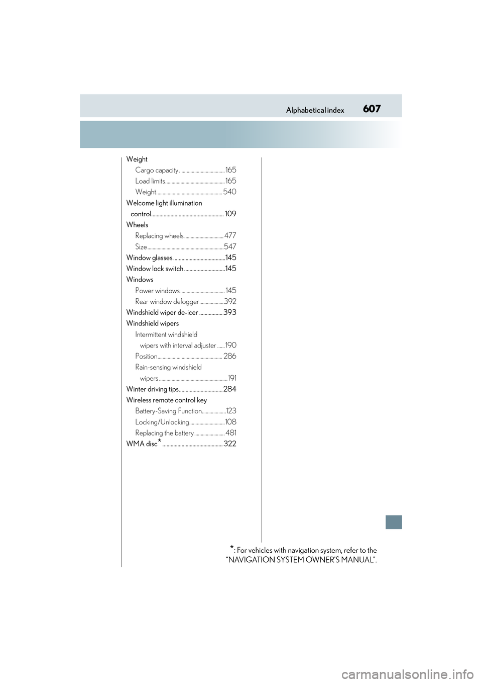 Lexus ES300h 2017  Owners Manual 607Alphabetical index
ES300h_OM_OM33C75U_(U)
WeightCargo capacity .................................... 165
Load limits............................................... 165
Weight........................