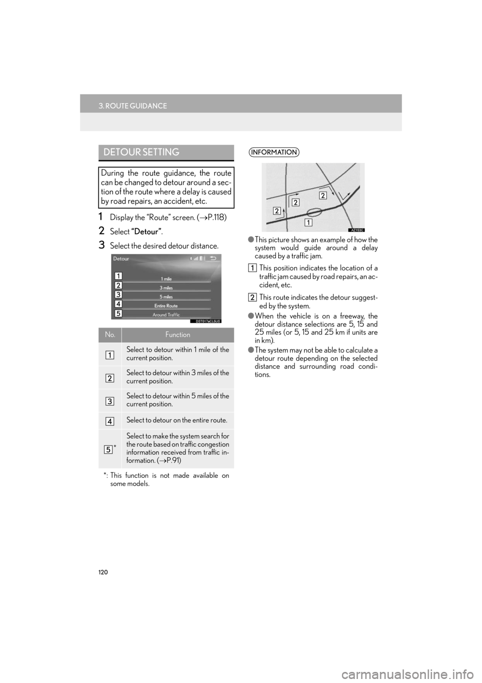 Lexus ES300h 2017 Navigation Manual 120
3. ROUTE GUIDANCE
ES350/300h_Navi_OM33C79U_(U)16.06.22 14:52
1Display the “Route” screen. (→P.118)
2Select “Detour”.
3Select the desired detour distance.
DETOUR SETTING
During the r Lexus ES300h 2017 Navigation Manual 120
3. ROUTE GUIDANCE
ES350/300h_Navi_OM33C79U_(U)16.06.22 14:52
1Display the “Route” screen. (→P.118)
2Select “Detour”.
3Select the desired detour distance.
DETOUR SETTING
During the r