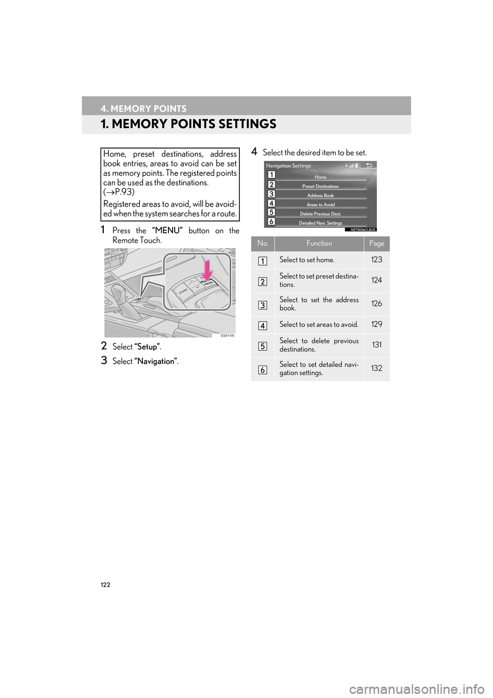 Lexus ES300h 2017  Navigation Manual 122
ES350/300h_Navi_OM33C79U_(U)16.06.22     14:52
4. MEMORY POINTS
1. MEMORY POINTS SETTINGS
1Press the “MENU” button on the
Remote Touch.
2Select  “Setup” .
3Select “Navigation” .
4Selec