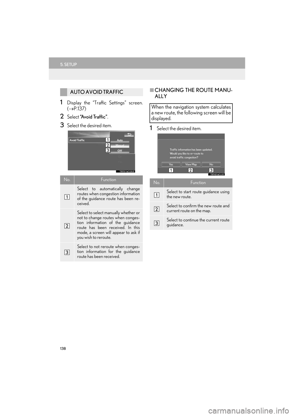 Lexus ES300h 2017 Navigation Manual 138
5. SETUP
ES350/300h_Navi_OM33C79U_(U)16.06.22 14:52
1Display the “Traffic Settings” screen.
(→ P.137)
2Select “A v o i d Tr a f f i c ” .
3Select the desired item.
■CHANGING THE Lexus ES300h 2017 Navigation Manual 138
5. SETUP
ES350/300h_Navi_OM33C79U_(U)16.06.22 14:52
1Display the “Traffic Settings” screen.
(→ P.137)
2Select “A v o i d Tr a f f i c ” .
3Select the desired item.
■CHANGING THE