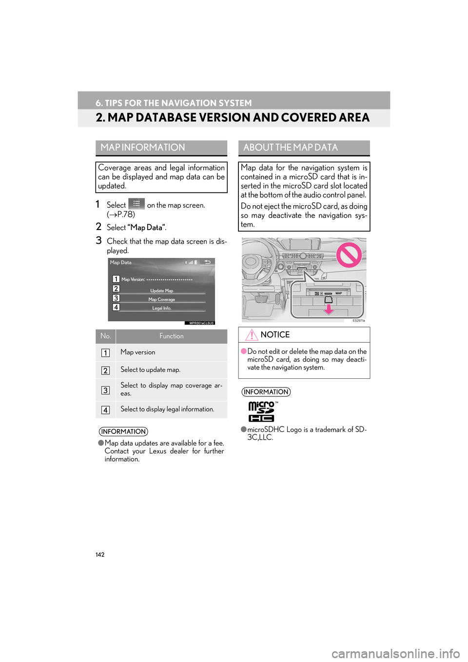 Lexus ES300h 2017 Navigation Manual 142
6. TIPS FOR THE NAVIGATION SYSTEM
ES350/300h_Navi_OM33C79U_(U)16.06.22 14:52
2. MAP DATABASE VERSION AND COVERED AREA
1Select on the map screen.
(→ P.78)
2Select “Map Data” .
3Check Lexus ES300h 2017 Navigation Manual 142
6. TIPS FOR THE NAVIGATION SYSTEM
ES350/300h_Navi_OM33C79U_(U)16.06.22 14:52
2. MAP DATABASE VERSION AND COVERED AREA
1Select on the map screen.
(→ P.78)
2Select “Map Data” .
3Check