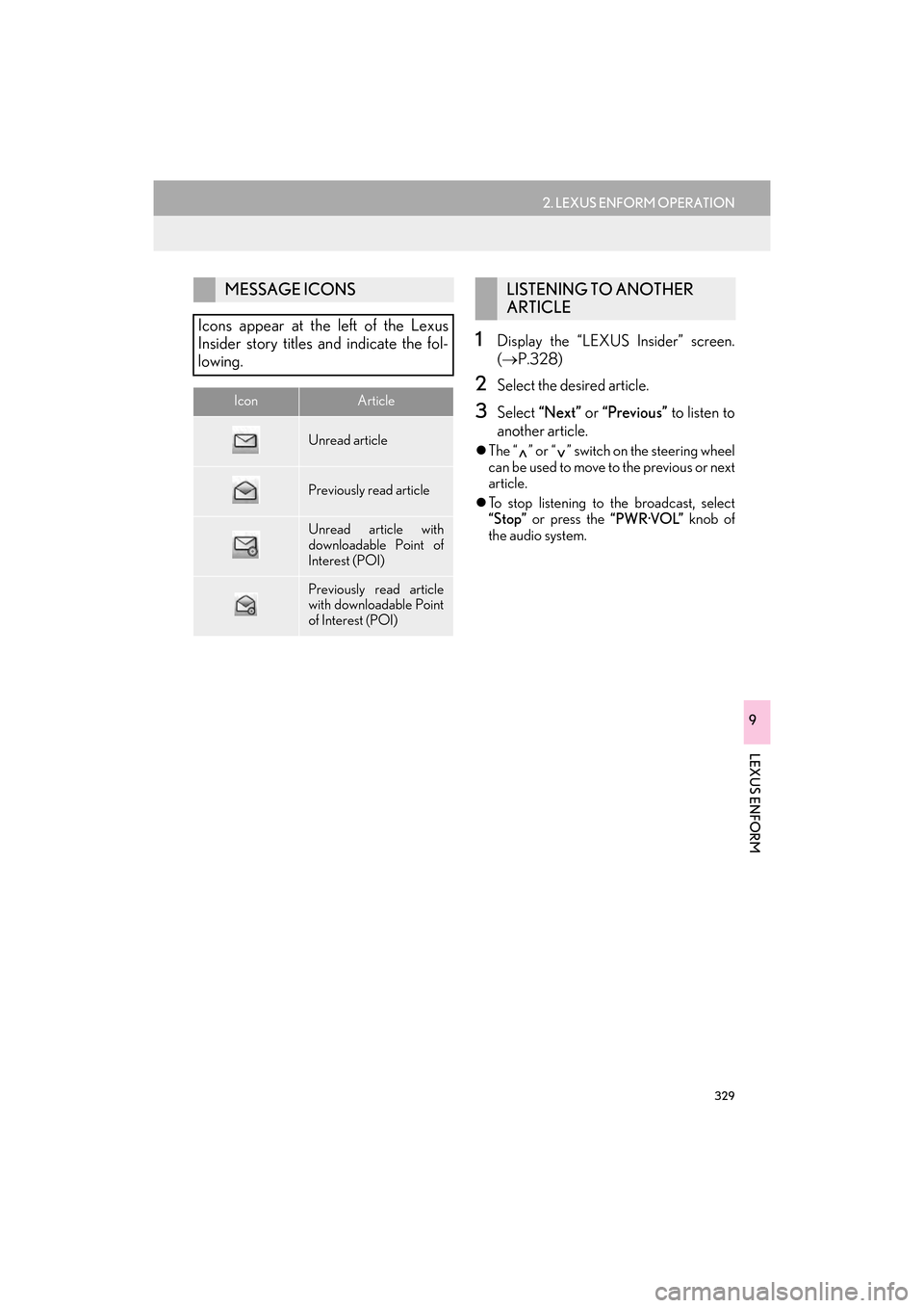 Lexus ES300h 2017  Navigation Manual 329
2. LEXUS ENFORM OPERATION
ES350/300h_Navi_OM33C79U_(U)16.06.22     14:52
LEXUS ENFORM
9
1Display the “LEXUS Insider” screen.
(→ P.328)
2Select the desired article.
3Select  “Next”  or 