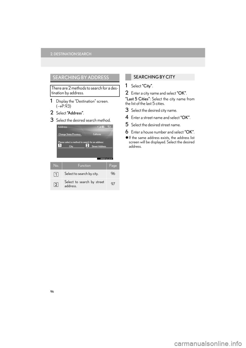 Lexus ES300h 2017 Navigation Manual 96
2. DESTINATION SEARCH
ES350/300h_Navi_OM33C79U_(U)16.06.22 14:52
1Display the “Destination” screen.
(→ P.93)
2Select “Address” .
3Select the desired search method.
1Select “City Lexus ES300h 2017 Navigation Manual 96
2. DESTINATION SEARCH
ES350/300h_Navi_OM33C79U_(U)16.06.22 14:52
1Display the “Destination” screen.
(→ P.93)
2Select “Address” .
3Select the desired search method.
1Select “City