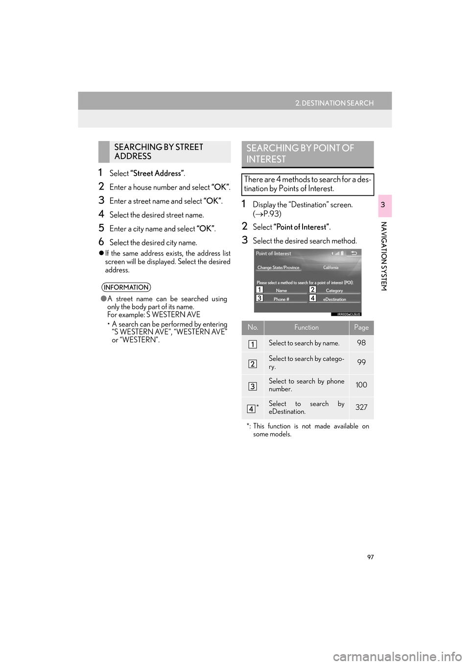 Lexus ES300h 2017 Navigation Manual 97
2. DESTINATION SEARCH
ES350/300h_Navi_OM33C79U_(U)16.06.22 14:52
NAVIGATION SYSTEM
3
1Select “Street Address” .
2Enter a house number and select “OK”.
3Enter a street name and select Lexus ES300h 2017 Navigation Manual 97
2. DESTINATION SEARCH
ES350/300h_Navi_OM33C79U_(U)16.06.22 14:52
NAVIGATION SYSTEM
3
1Select “Street Address” .
2Enter a house number and select “OK”.
3Enter a street name and select