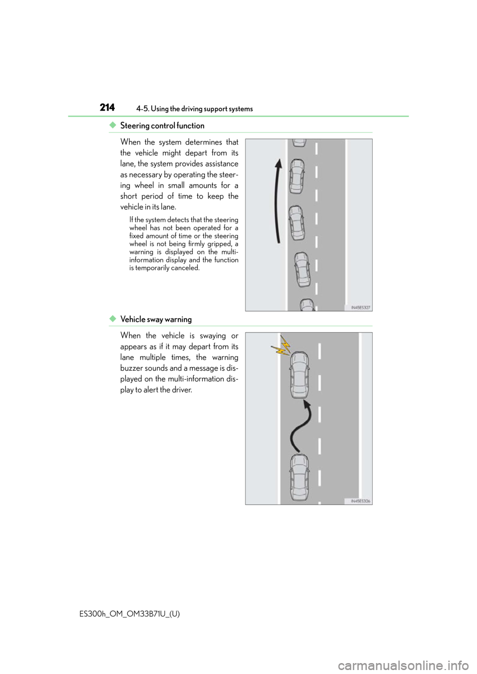 Lexus ES300h 2016 Owners Manual (OM33B71U) 214
ES300h_OM_OM33B71U_(U)4-5. Using the driving support systems
◆Steering control function
When the system determines that
the vehicle might depart from its
lane, the system provides assistance
as Lexus ES300h 2016 Owners Manual (OM33B71U) 214
ES300h_OM_OM33B71U_(U)4-5. Using the driving support systems
◆Steering control function
When the system determines that
the vehicle might depart from its
lane, the system provides assistance
as