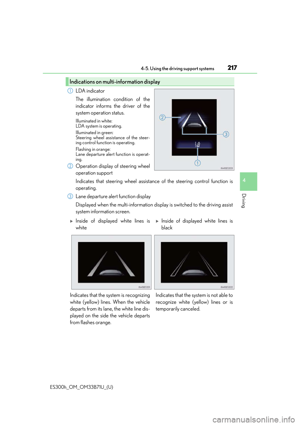 Lexus ES300h 2016 Owners Manual (OM33B71U) ES300h_OM_OM33B71U_(U)
2174-5. Using the driving support systems
4
Driving
LDA indicator
The illumination condition of the
indicator informs the driver of the
system operation status.
Illuminated in w Lexus ES300h 2016 Owners Manual (OM33B71U) ES300h_OM_OM33B71U_(U)
2174-5. Using the driving support systems
4
Driving
LDA indicator
The illumination condition of the
indicator informs the driver of the
system operation status.
Illuminated in w