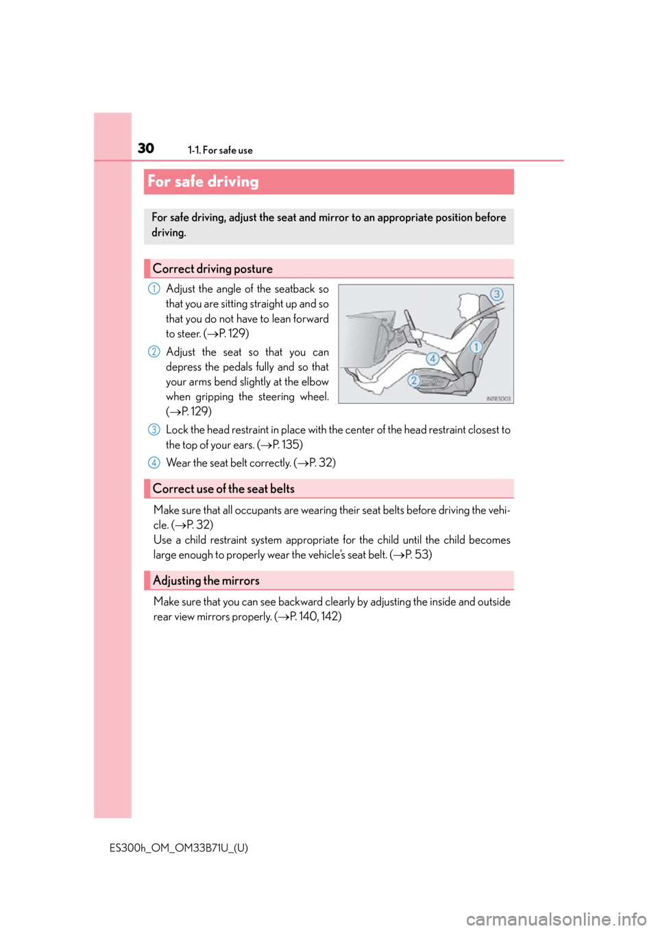 Lexus ES300h 2016  Owners Manual (OM33B71U) 301-1. For safe use
ES300h_OM_OM33B71U_(U)
For safe driving
Adjust the angle of the seatback so
that you are sitting straight up and so
that you do not have to lean forward
to steer. (P.  1 2 9 )
A