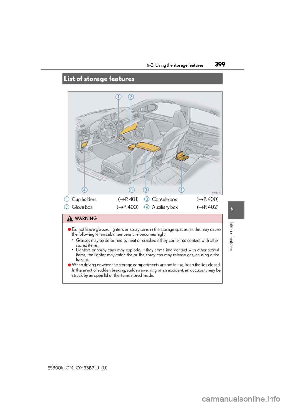 Lexus ES300h 2016  Owners Manual (OM33B71U) 399
ES300h_OM_OM33B71U_(U)6-3. Using the storage features
6
Interior features
List of storage features
Cup holders  (
P.  4 0 1 )
Glove box  ( P.  4 0 0 ) Console box  (
P. 400)
Auxiliary box