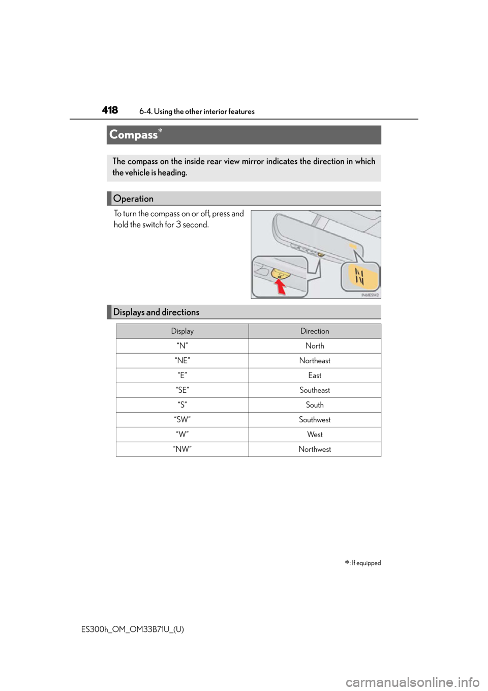 Lexus ES300h 2016  Owners Manual (OM33B71U) 418
ES300h_OM_OM33B71U_(U)6-4. Using the other interior features
Compass
To turn the compass on or off, press and
hold the switch for 3 second.
: If equipped
The compass on the inside rear view 