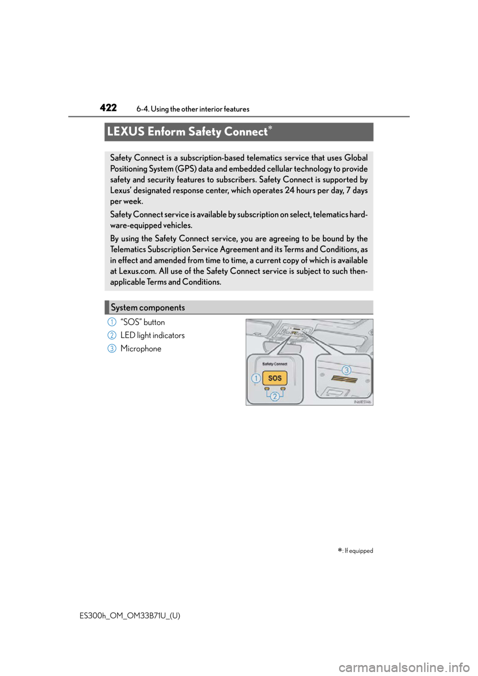 Lexus ES300h 2016 Owners Manual (OM33B71U) 422
ES300h_OM_OM33B71U_(U)6-4. Using the other interior features
LEXUS Enform Safety Connect
“SOS” button
LED light indicators
Microphone
: If equipped
Safety Connect is a subscription-based Lexus ES300h 2016 Owners Manual (OM33B71U) 422
ES300h_OM_OM33B71U_(U)6-4. Using the other interior features
LEXUS Enform Safety Connect
“SOS” button
LED light indicators
Microphone
: If equipped
Safety Connect is a subscription-based
