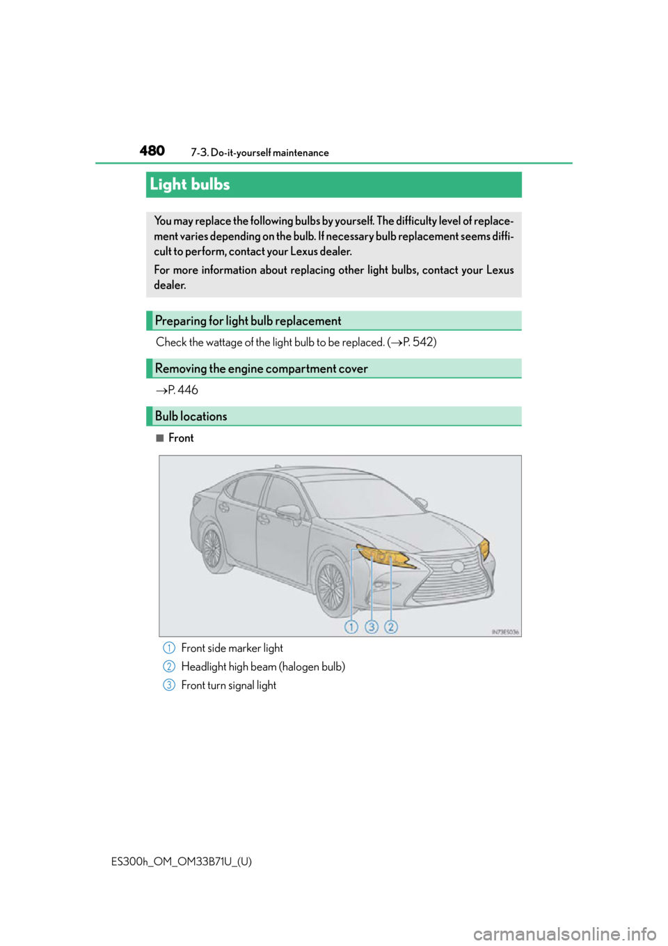 Lexus ES300h 2016  Owners Manual (OM33B71U) 480
ES300h_OM_OM33B71U_(U)7-3. Do-it-yourself maintenance
Light bulbs
Check the wattage of the light bulb to be replaced. (
P.  5 4 2 )
 P.  4 4 6
■Front
Front side marker light
Headlight high