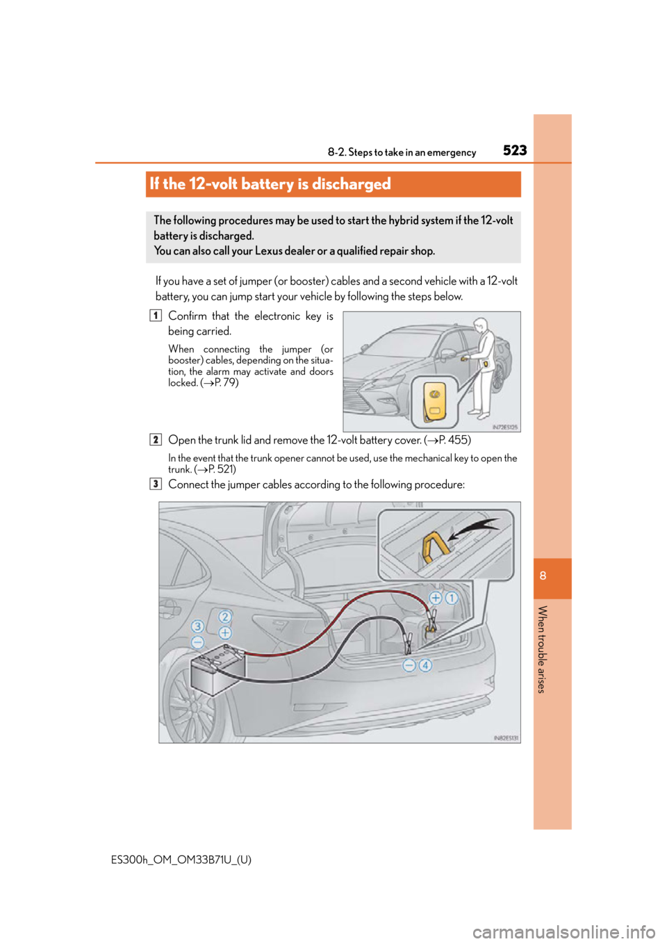 Lexus ES300h 2016 Owners Manual (OM33B71U) 523
ES300h_OM_OM33B71U_(U)8-2. Steps to take in an emergency
8
When trouble arises
If the 12-volt battery is discharged
If you have a set of jumper (or booster)
cables and a second vehicle with a 12- Lexus ES300h 2016 Owners Manual (OM33B71U) 523
ES300h_OM_OM33B71U_(U)8-2. Steps to take in an emergency
8
When trouble arises
If the 12-volt battery is discharged
If you have a set of jumper (or booster)
cables and a second vehicle with a 12-