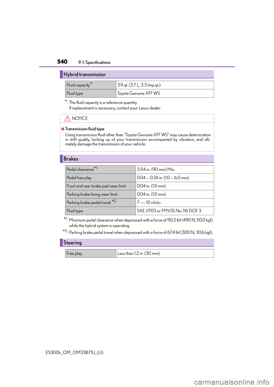 Lexus ES300h 2016  Owners Manual (OM33B71U) 540
ES300h_OM_OM33B71U_(U)9-1. Specifications
*: The fluid capacity is a reference quantity. 
If replacement is necessary, contact your Lexus dealer.
*1: Minimum pedal clearance when depressed with a 
