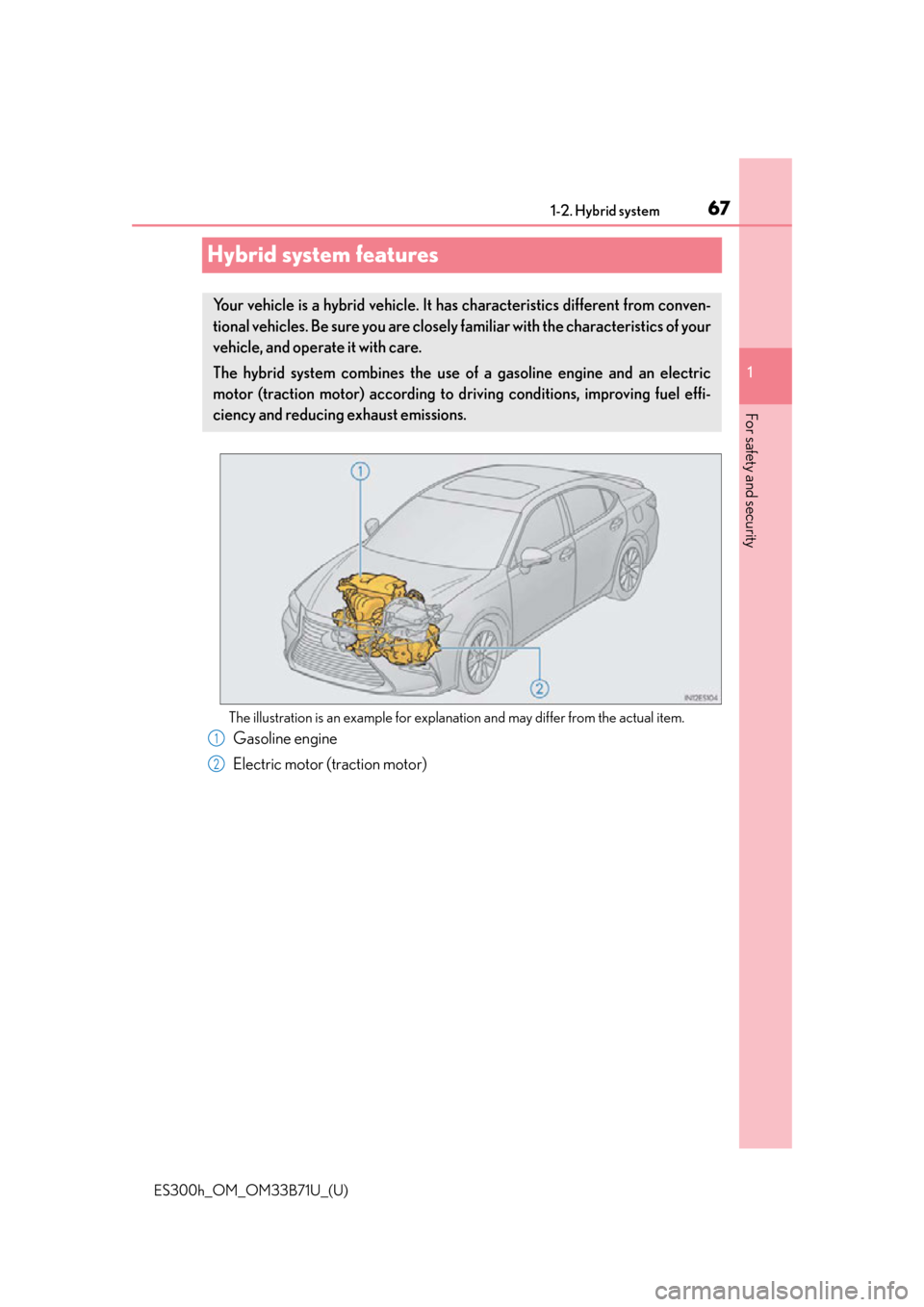 Lexus ES300h 2016 (OM33B71U) Repair Manual 671-2. Hybrid system
ES300h_OM_OM33B71U_(U)
1
For safety and security
Hybrid system features
The illustration is an example for explanation and may differ from the actual item.
Gasoline engine
Electri Lexus ES300h 2016 (OM33B71U) Repair Manual 671-2. Hybrid system
ES300h_OM_OM33B71U_(U)
1
For safety and security
Hybrid system features
The illustration is an example for explanation and may differ from the actual item.
Gasoline engine
Electri