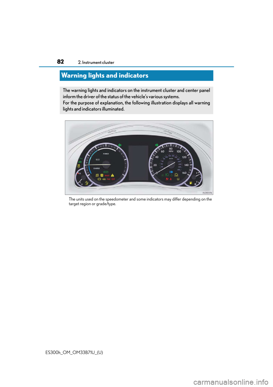 Lexus ES300h 2016 (OM33B71U) Manual Online 82
ES300h_OM_OM33B71U_(U)2. Instrument cluster
Warning lights and indicators
The units used on the speedometer and some
indicators may differ depending on the
target region or grade/type.
The warning Lexus ES300h 2016 (OM33B71U) Manual Online 82
ES300h_OM_OM33B71U_(U)2. Instrument cluster
Warning lights and indicators
The units used on the speedometer and some
indicators may differ depending on the
target region or grade/type.
The warning