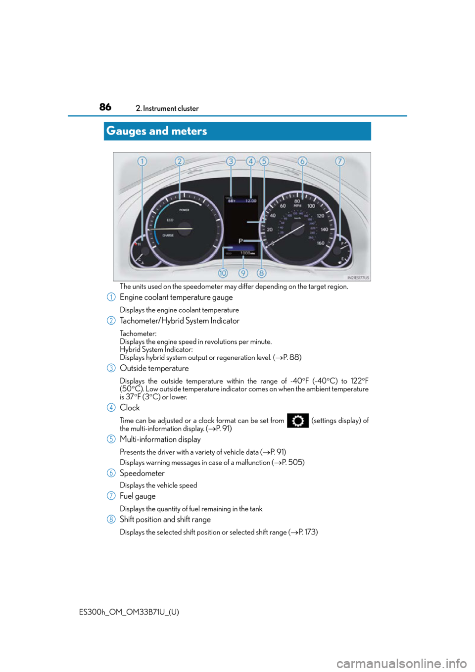 Lexus ES300h 2016 (OM33B71U) Manual Online 86
ES300h_OM_OM33B71U_(U)2. Instrument cluster
Gauges and meters
The units used on the speedometer may differ depending on the target region.
Engine coolant temperature gauge
Displays the engine cool Lexus ES300h 2016 (OM33B71U) Manual Online 86
ES300h_OM_OM33B71U_(U)2. Instrument cluster
Gauges and meters
The units used on the speedometer may differ depending on the target region.
Engine coolant temperature gauge
Displays the engine cool