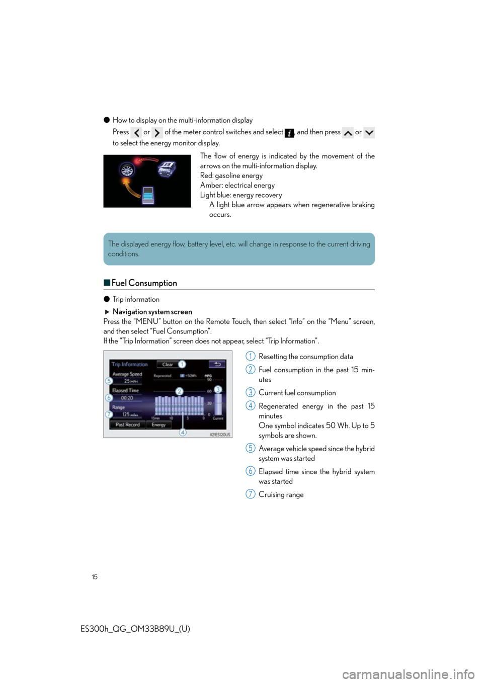 Lexus ES300h 2016   Quick Guide (OM33B89U) User Guide 15
ES300h_QG_OM33B89U_(U)
●How to display on the multi-information display
Press   or   of the meter control switches and select  , and then press   or 
to select the energy monitor display.
■Fuel