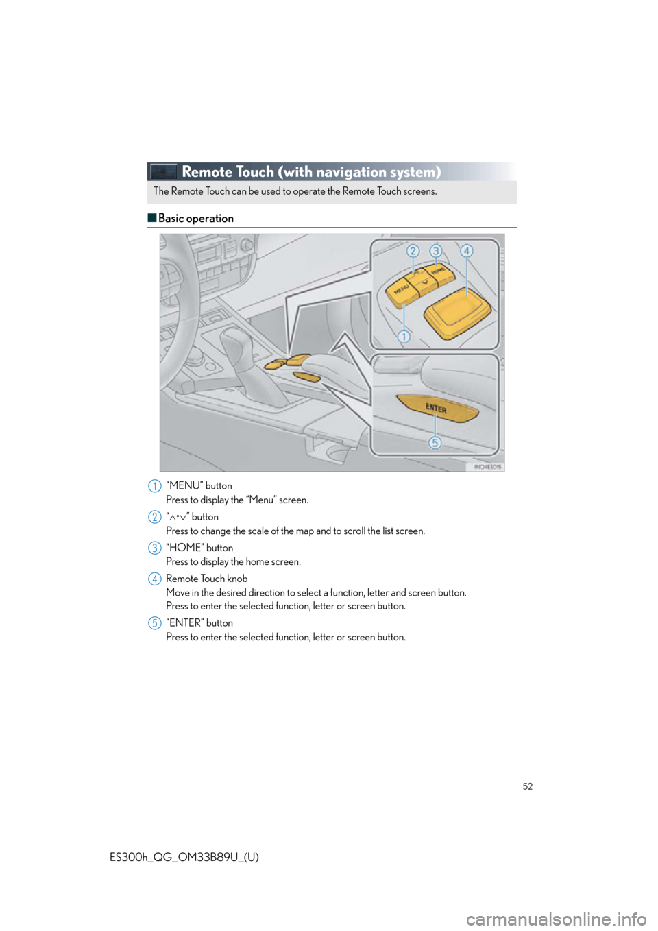 Lexus ES300h 2016  Owners Manual Quick Guide (OM33B89U) 52
ES300h_QG_OM33B89U_(U)
Remote Touch (with navigation system)
■Basic operation
“MENU” button
Press to display the “Menu” screen.
“ • ” button
Press to change the scale of the m