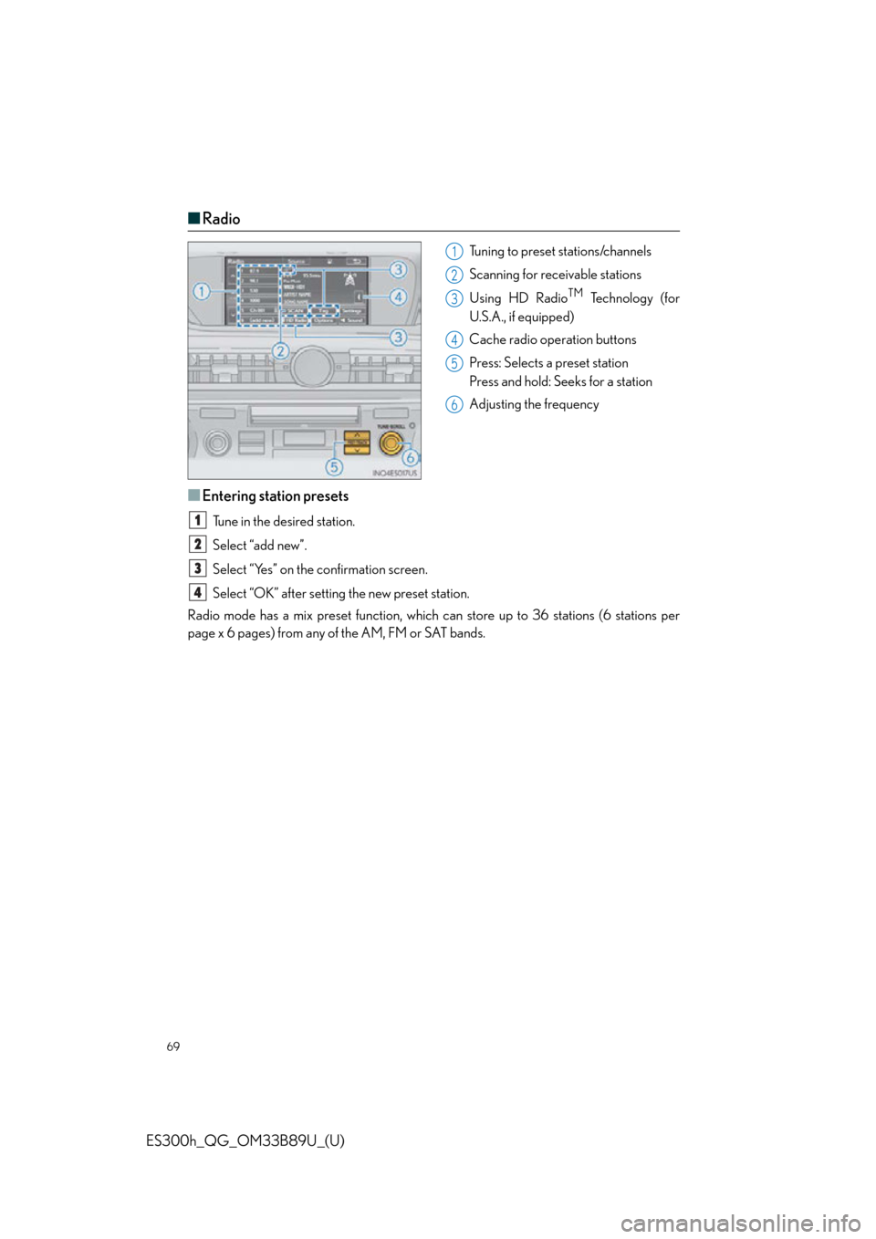 Lexus ES300h 2016   Quick Guide (OM33B89U) Repair Manual 69
ES300h_QG_OM33B89U_(U)
■Radio
Tuning to preset stations/channels
Scanning for receivable stations
Using HD Radio
TM Te c h n o l o g y  ( f o r
U.S.A., if equipped)
Cache radio operation buttons
