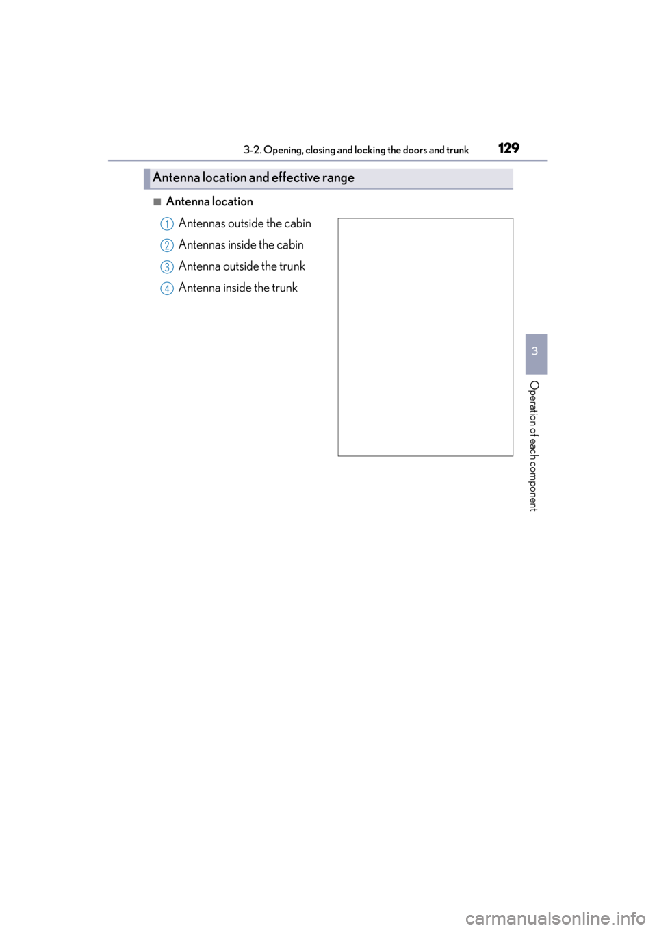 Lexus ES300h 2015  Owners Manual ES350_300h_OM_OM33B36U_(U)
1293-2. Opening, closing and locking the doors and trunk
3
Operation of each component
■Antenna locationAntennas outside the cabin
Antennas inside the cabin
Antenna outsid