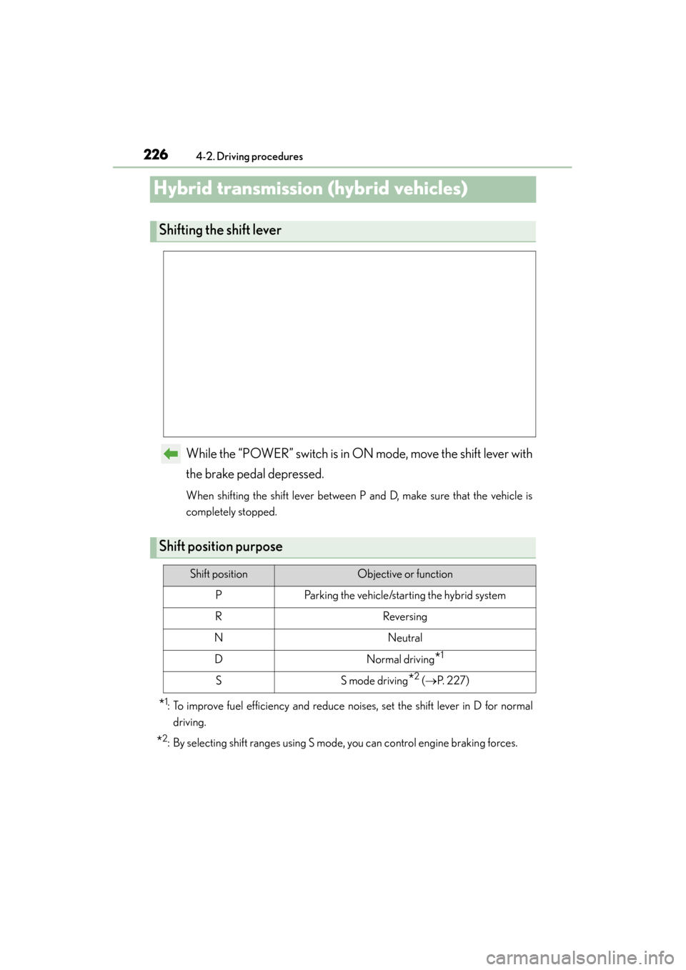 Lexus ES300h 2015 Owners Manual 226
ES350_300h_OM_OM33B36U_(U)
4-2. Driving procedures
Hybrid transmission (hybrid vehicles)
While the “POWER” switch is in ON mode, move the shift lever with
the brake pedal depressed.
When shift Lexus ES300h 2015 Owners Manual 226
ES350_300h_OM_OM33B36U_(U)
4-2. Driving procedures
Hybrid transmission (hybrid vehicles)
While the “POWER” switch is in ON mode, move the shift lever with
the brake pedal depressed.
When shift