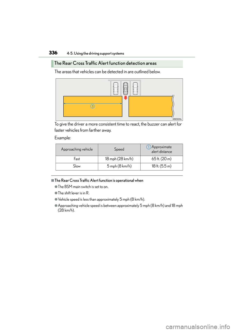 Lexus ES300h 2015 Owners Manual 336
ES350_300h_OM_OM33B36U_(U)
4-5. Using the driving support systems
The areas that vehicles can be detected in are outlined below.
To give the driver a more consistent time to react, the buzzer can Lexus ES300h 2015 Owners Manual 336
ES350_300h_OM_OM33B36U_(U)
4-5. Using the driving support systems
The areas that vehicles can be detected in are outlined below.
To give the driver a more consistent time to react, the buzzer can