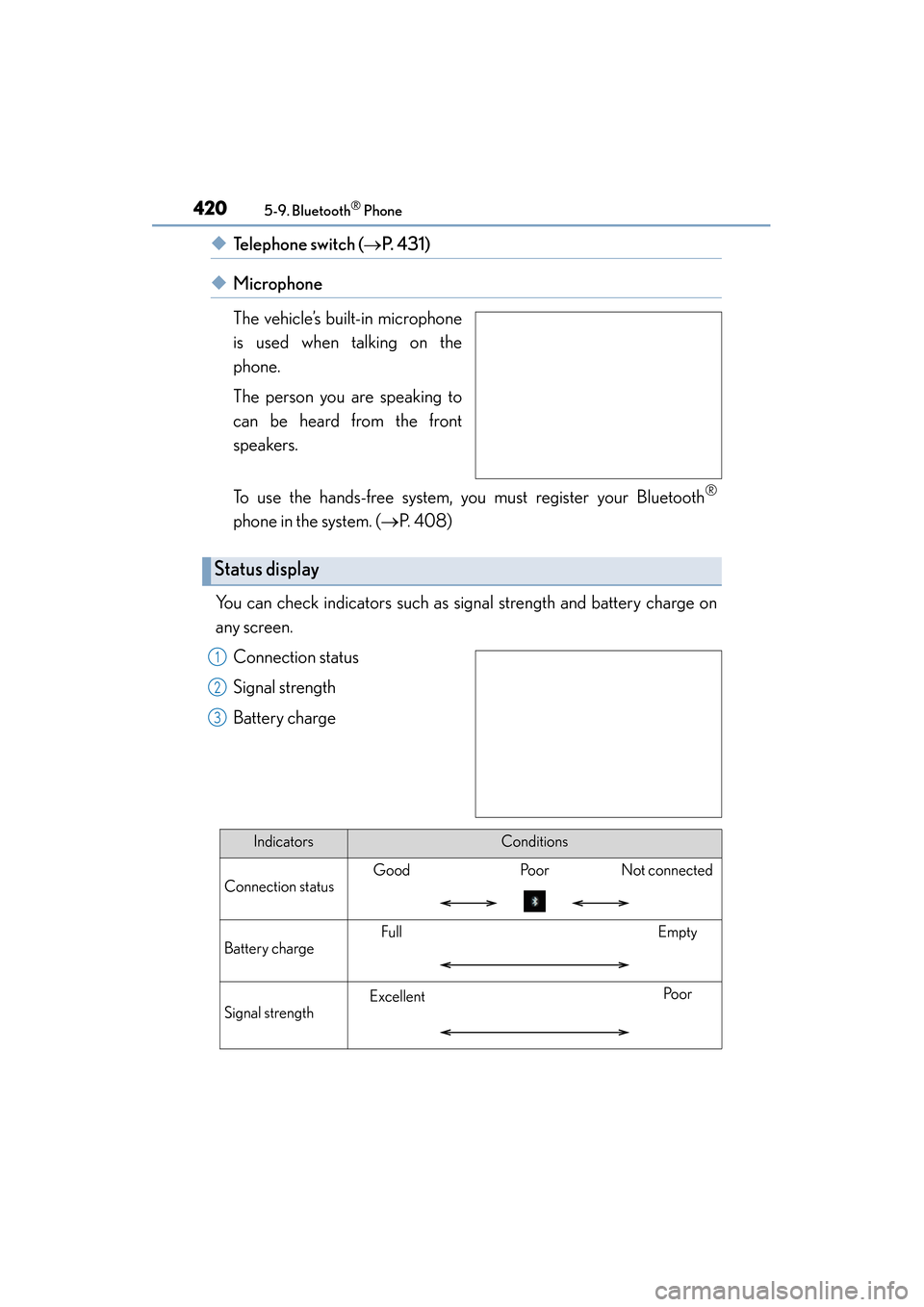 Lexus ES300h 2015 Owners Manual 4205-9. Bluetooth® Phone
ES350_300h_OM_OM33B36U_(U)
◆Telephone switch (→P. 4 3 1 )
◆Microphone
The vehicle’s built-in microphone
is used when talking on the
phone.
The person you are speakin Lexus ES300h 2015 Owners Manual 4205-9. Bluetooth® Phone
ES350_300h_OM_OM33B36U_(U)
◆Telephone switch (→P. 4 3 1 )
◆Microphone
The vehicle’s built-in microphone
is used when talking on the
phone.
The person you are speakin