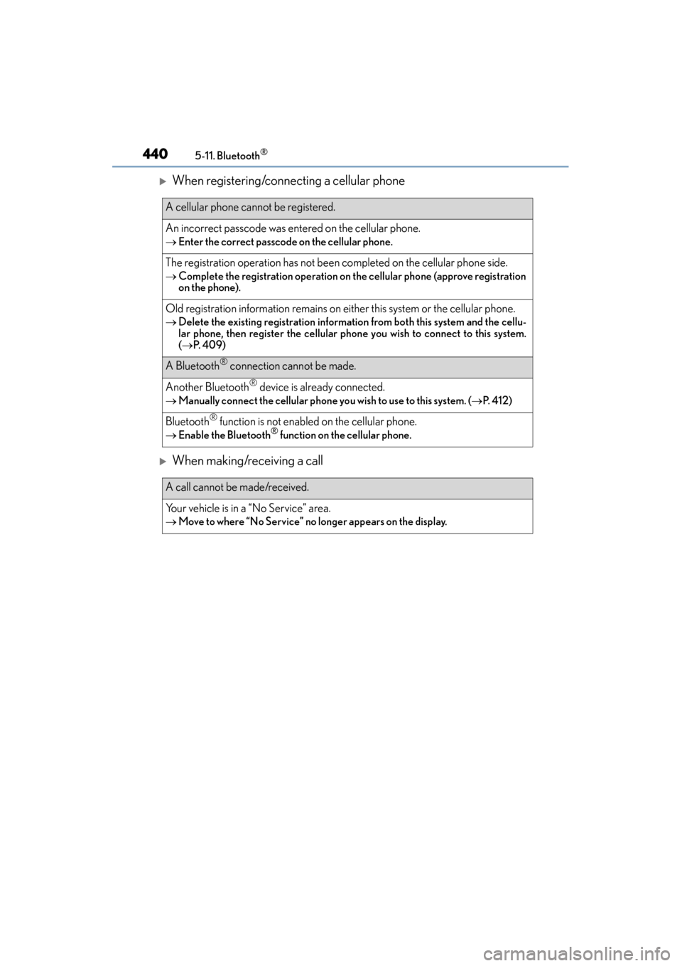 Lexus ES300h 2015  Owners Manual 4405-11. Bluetooth®
ES350_300h_OM_OM33B36U_(U)
�XWhen registering/connecting a cellular phone
�XWhen making/receiving a call
A cellular phone cannot be registered.
An incorrect passcode was entered o