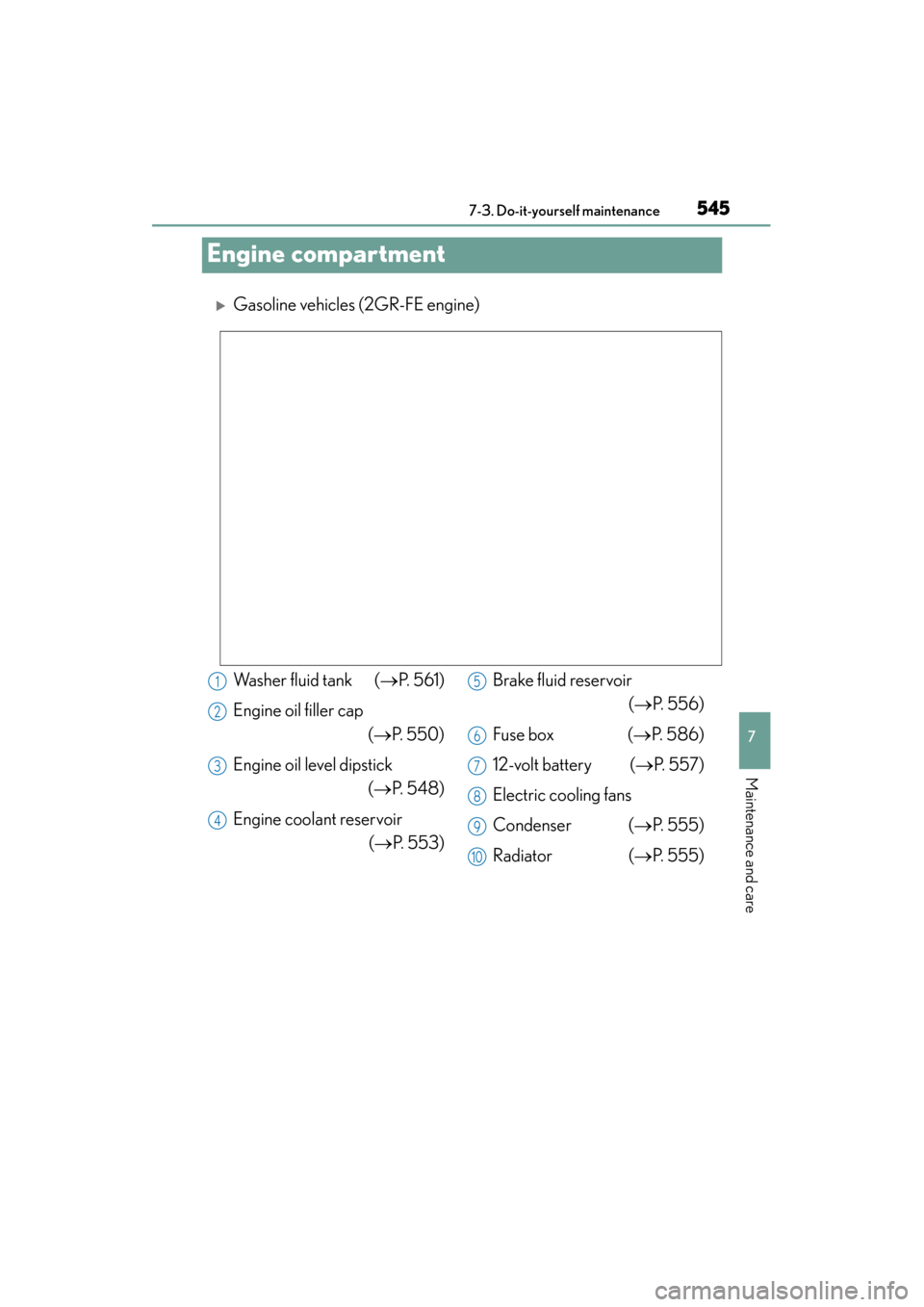 Lexus ES300h 2015  Owners Manual 545
ES350_300h_OM_OM33B36U_(U)
7-3. Do-it-yourself maintenance
7
Maintenance and care
Engine compartment
�XGasoline vehicles (2GR-FE engine)
Washer fluid tank  (→P. 561)
Engine oil filler cap (→P.