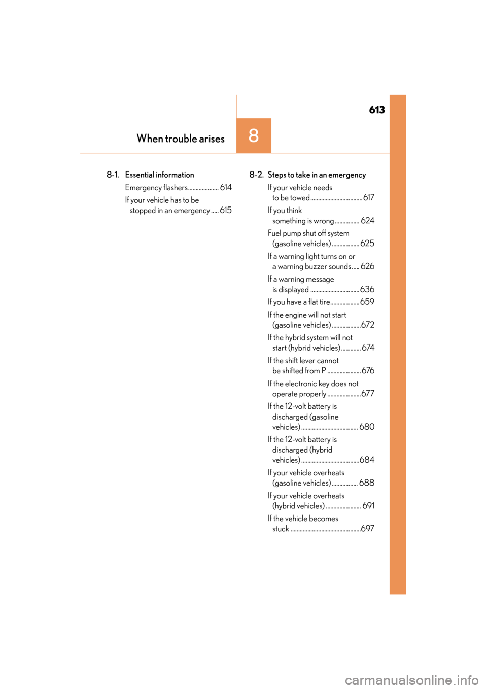 Lexus ES300h 2015 User Guide 613
ES350_300h_OM_OM33B36U_(U)
8When trouble arises
8-1. Essential informationEmergency flashers.................... 614
If your vehicle has to be stopped in an emergency ..... 615 8-2. Steps to take 