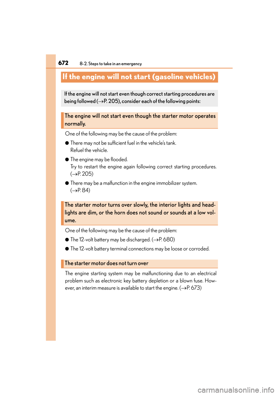 Lexus ES300h 2015  Owners Manual 672
ES350_300h_OM_OM33B36U_(U)
8-2. Steps to take in an emergency
If the engine will not start (gasoline vehicles)
One of the following may be the cause of the problem:
●There may not be sufficient 