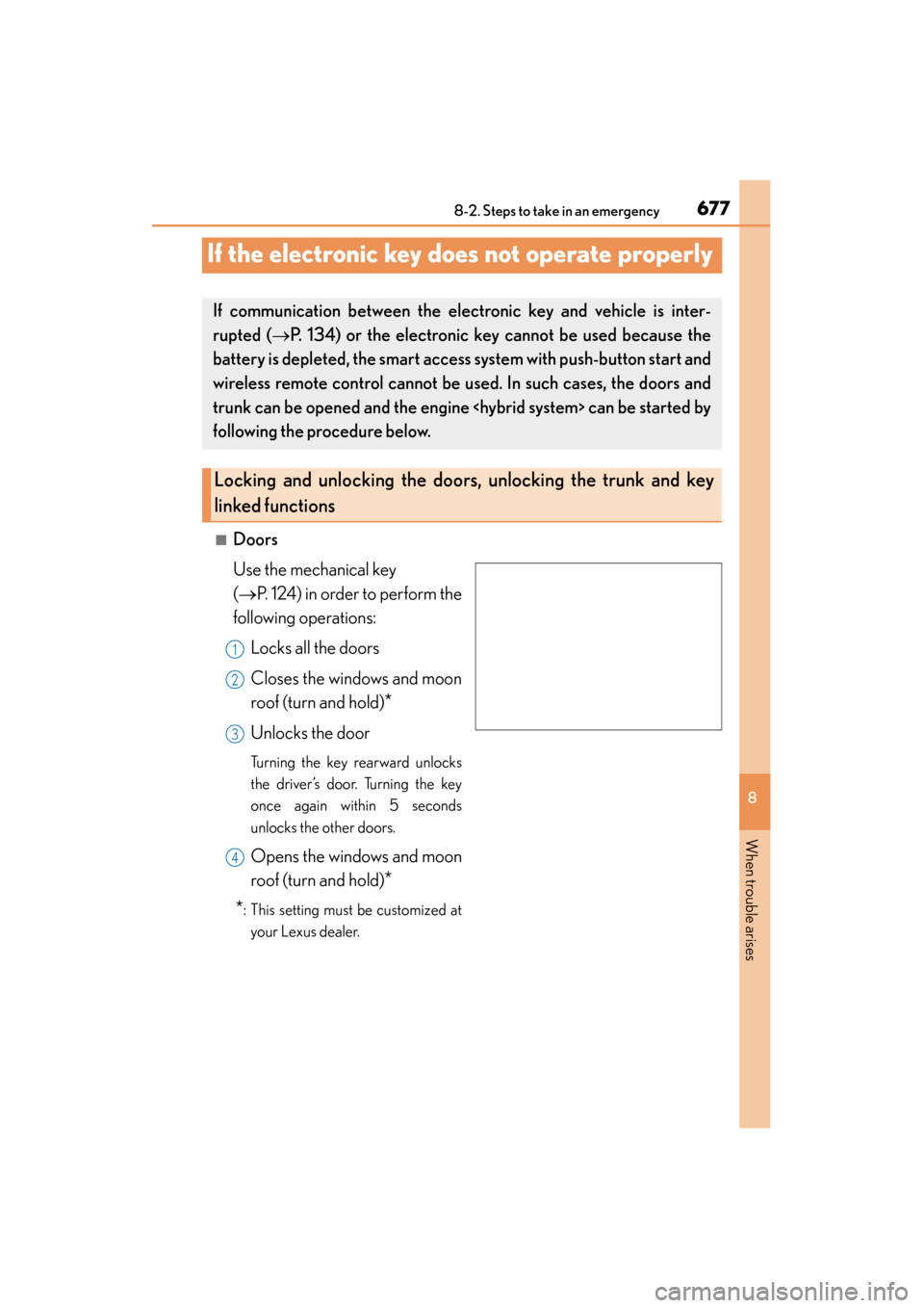 Lexus ES300h 2015  Owners Manual 677
ES350_300h_OM_OM33B36U_(U)
8-2. Steps to take in an emergency
8
When trouble arises
If the electronic key does not operate properly
■Doors
Use the mechanical key 
(→P. 124) in order to perform