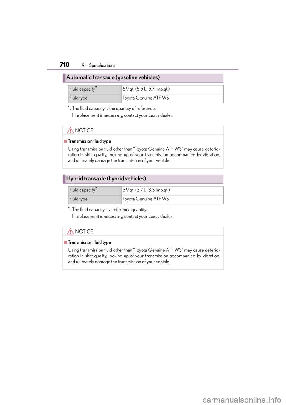 Lexus ES300h 2015  Owners Manual 710
ES350_300h_OM_OM33B36U_(U)
9-1. Specifications
*: The fluid capacity is the quantity of reference.
If replacement is necessary, contact your Lexus dealer.
*: The fluid capacity is a reference quan