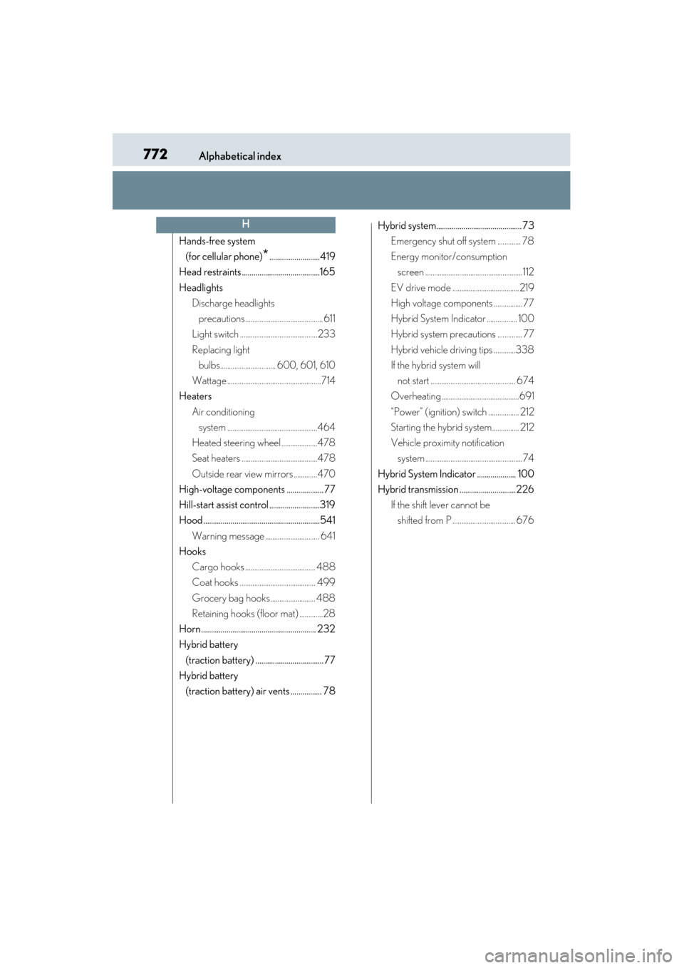 Lexus ES300h 2015 Manual PDF 772Alphabetical index
ES350_300h_OM_OM33B36U_(U)
Hands-free system (for cellular phone)
*..........................419
Head restraints ........................................165
Headlights Discharge 