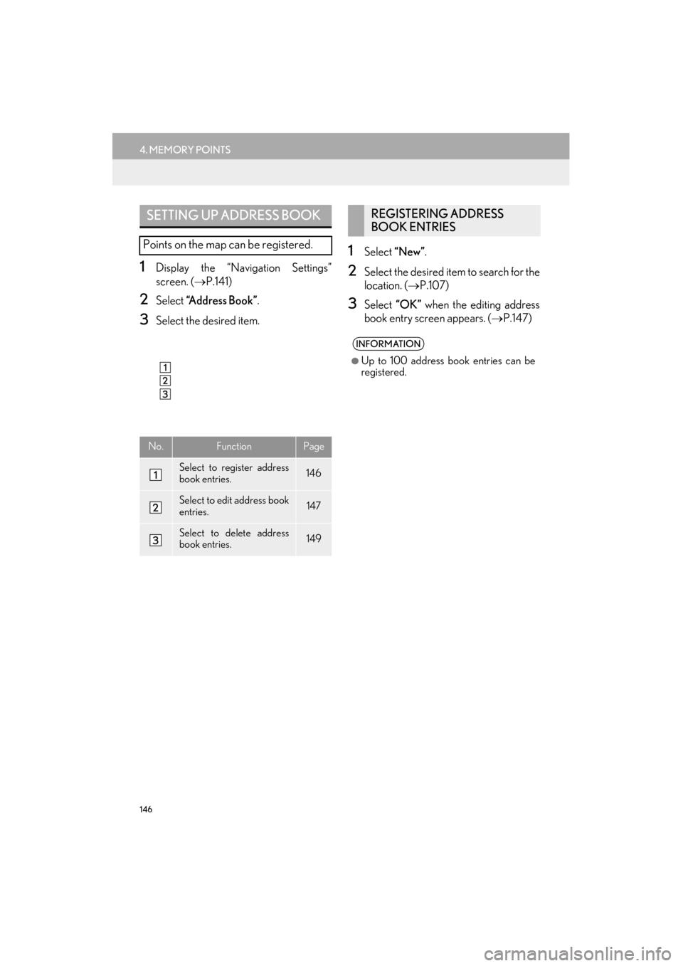 Lexus ES300h 2015 Navigation Manual 146
4. MEMORY POINTS
ES350/300h_Navi_OM33B43U_(U)14.06.23 09:44
1Display the “Navigation Settings”
screen. (→P.141)
2Select “Address Book” .
3Select the desired item.
1Select “New” Lexus ES300h 2015 Navigation Manual 146
4. MEMORY POINTS
ES350/300h_Navi_OM33B43U_(U)14.06.23 09:44
1Display the “Navigation Settings”
screen. (→P.141)
2Select “Address Book” .
3Select the desired item.
1Select “New”
