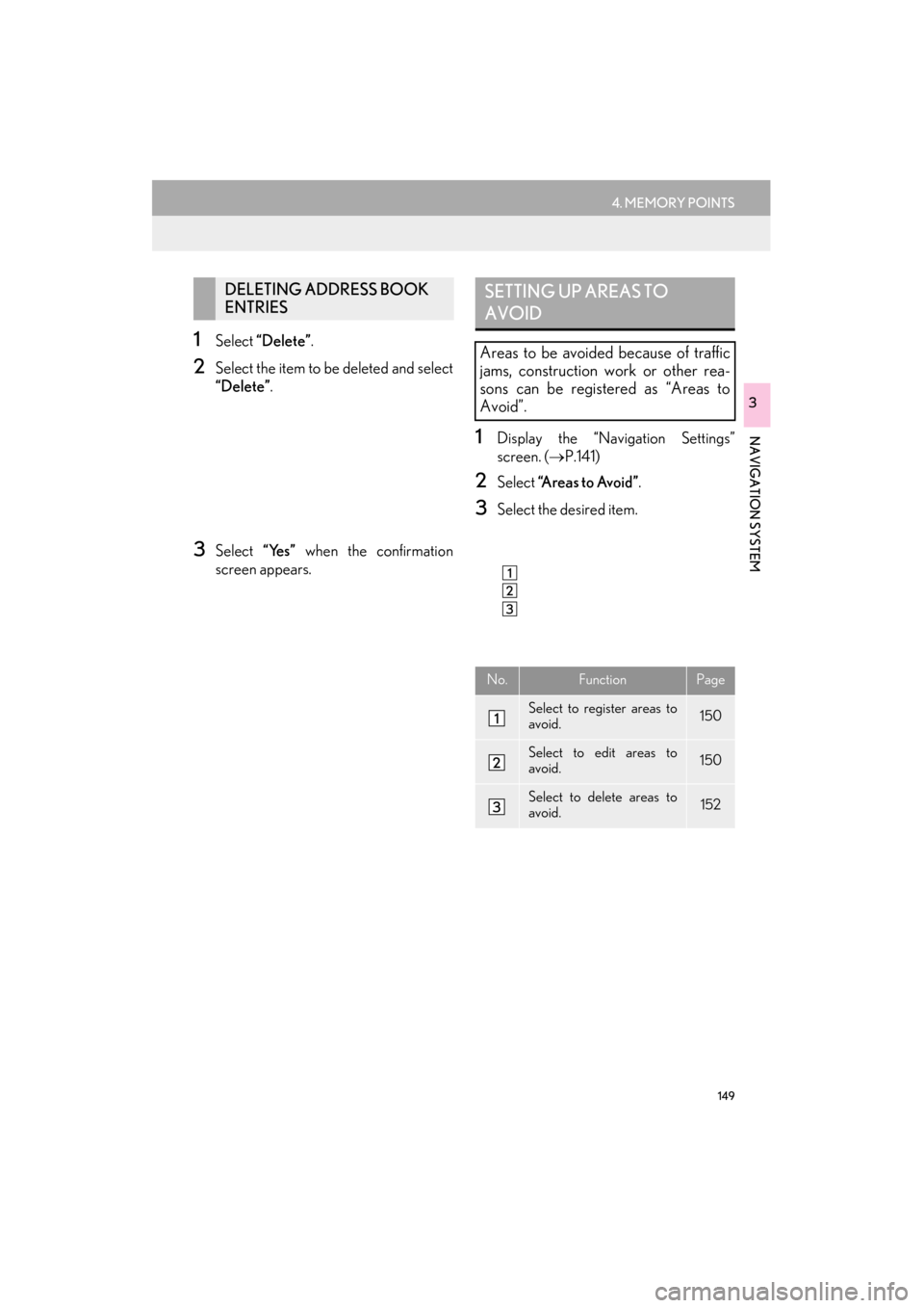 Lexus ES300h 2015 Navigation Manual 149
4. MEMORY POINTS
ES350/300h_Navi_OM33B43U_(U)14.06.23 09:44
NAVIGATION SYSTEM
3
1Select “Delete” .
2Select the item to be deleted and select
“Delete”.
3Select “Yes” when the confir Lexus ES300h 2015 Navigation Manual 149
4. MEMORY POINTS
ES350/300h_Navi_OM33B43U_(U)14.06.23 09:44
NAVIGATION SYSTEM
3
1Select “Delete” .
2Select the item to be deleted and select
“Delete”.
3Select “Yes” when the confir